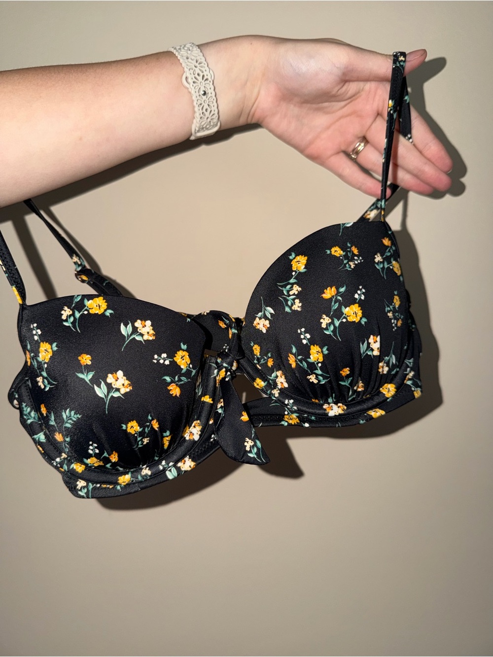 Shade & Shore Black Floral Padded Bikini Top with Tie Detail